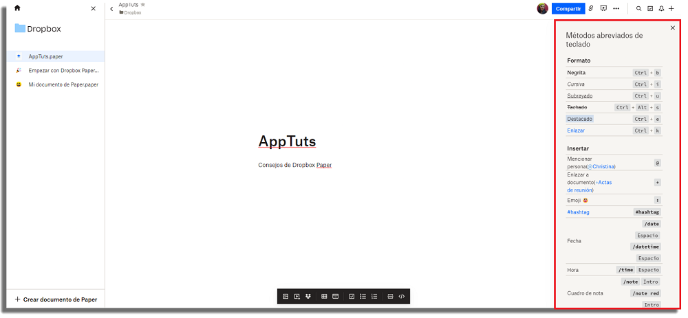 lista de atajos dropbox paper