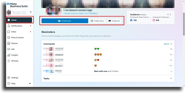 Posts meta business suite
