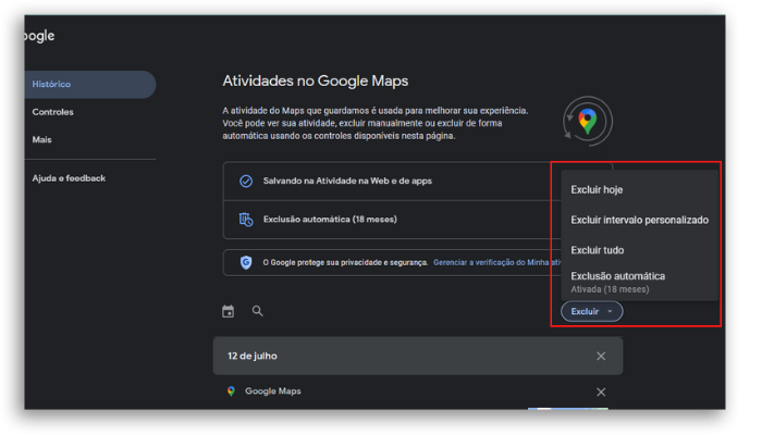 como excluir o historico do Google Maps no computador