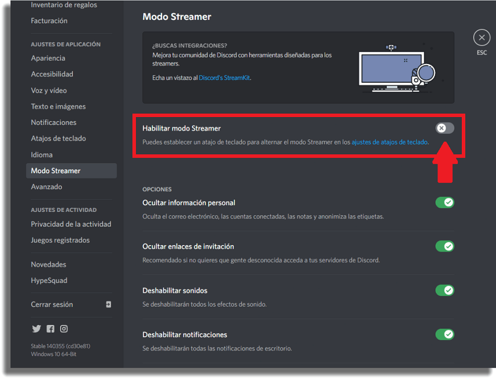 Deshabilitar el modo Streamer de Discord