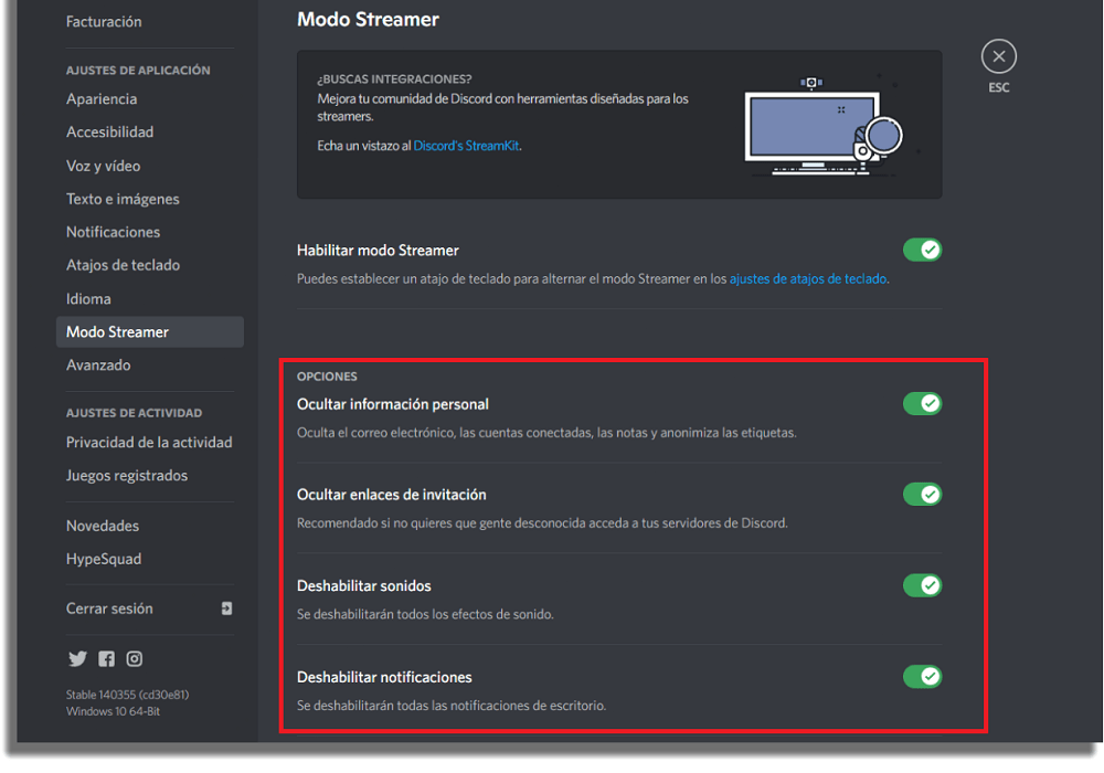 opciones modo streamer 