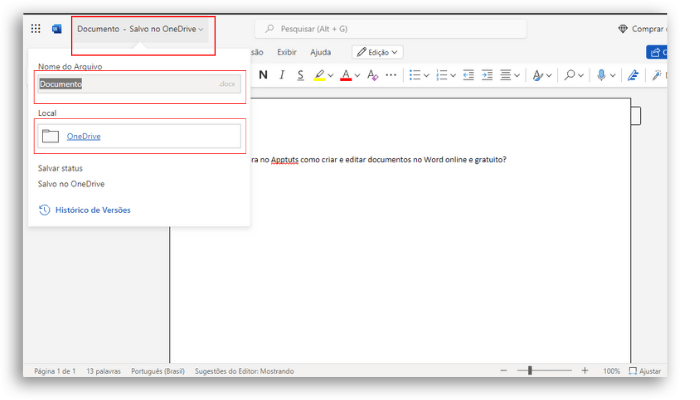 como alterar nome do documento no word online