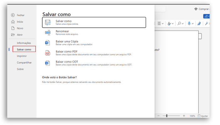 salvar como um documento no word online
