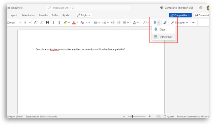 como ditar em documentos no word online