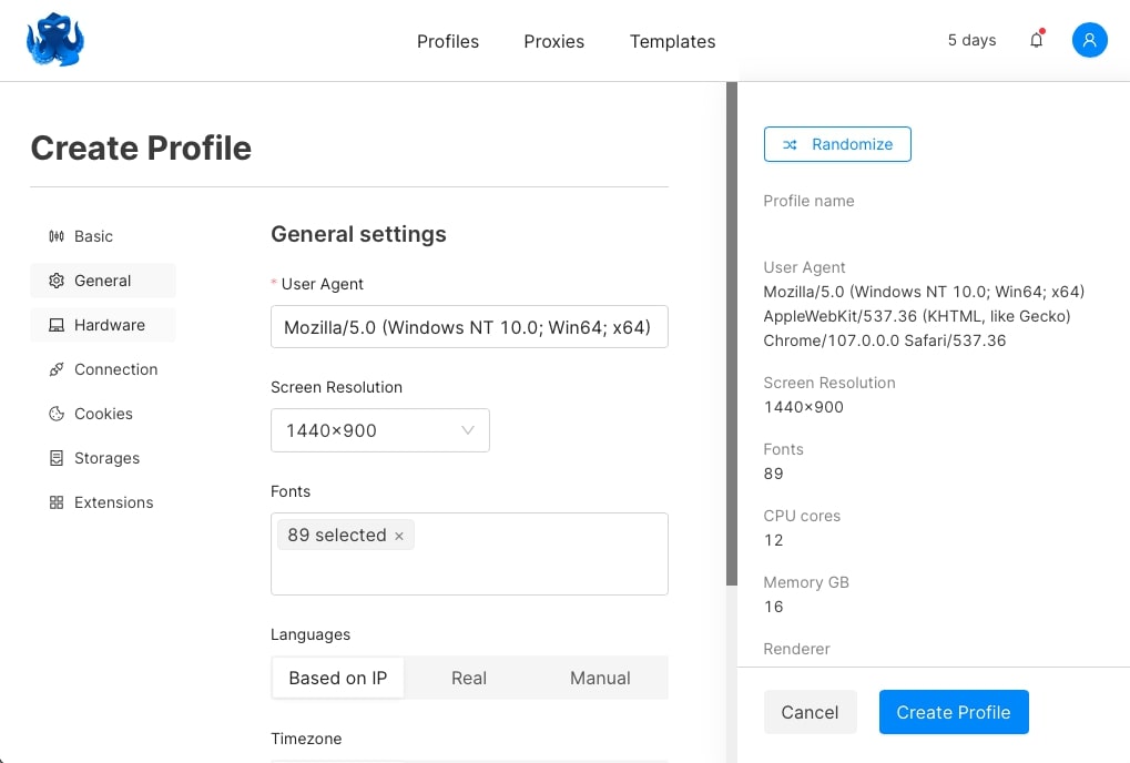 Create Profile Octo Browser