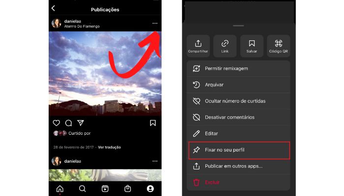 Escolhendo o post para fixar no feed