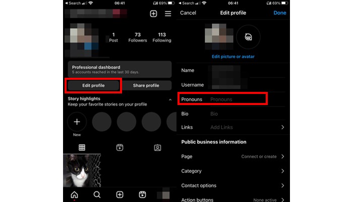 edit profile and add Pronouns on Instagram