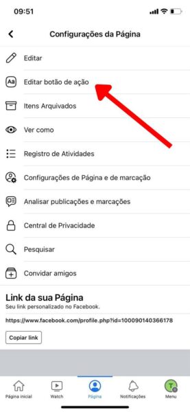 Facebook Editar botão de ação
