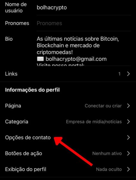 instagram Opções de contato