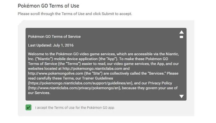 pokemon go terms of use