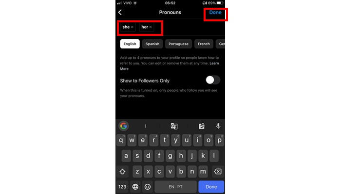 remove the pronouns on Instagram