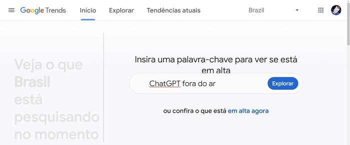 ChatGPT está fora do ar Google Trends