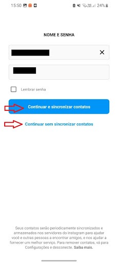 Continuar e sincronizar contatos