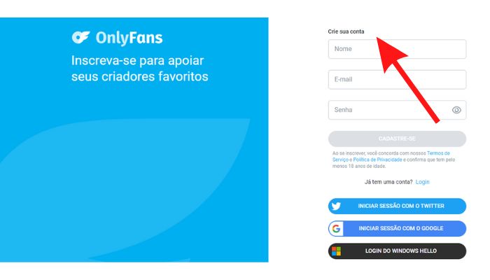 Criar conta no OnlyFans