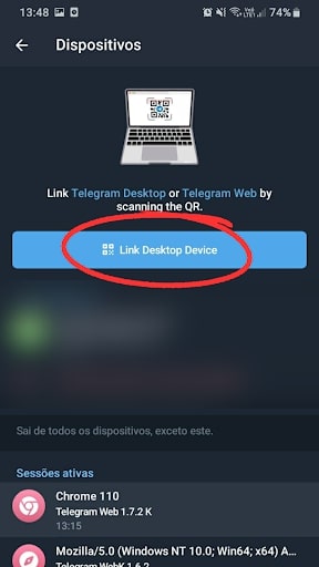 Entrando no Telegram via QrCode dispositivos