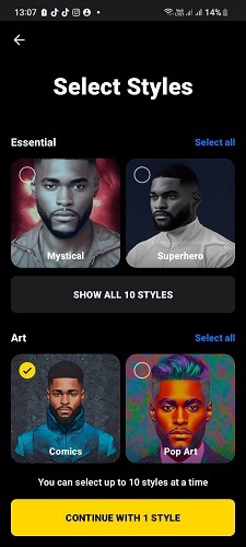 Choose the styles you want to make your face with Lensa