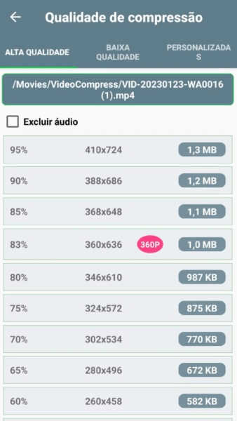 Escolher configuracoes para compactar video para whatsapp