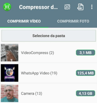 Selecionar pasta para compactar video para whatsapp