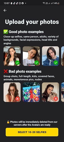 Select your face selfies
