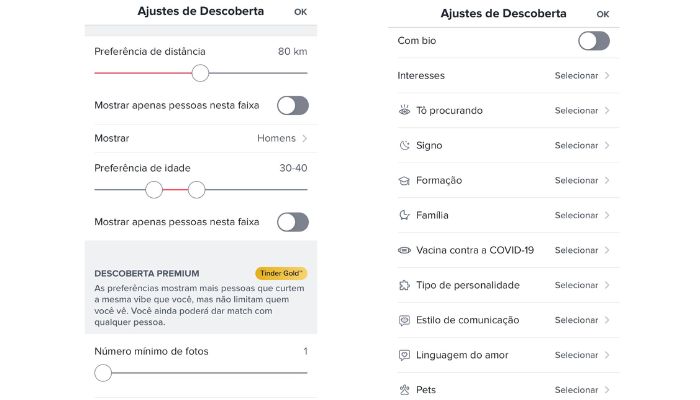 Tinder ou Happn Filtros de busca 
