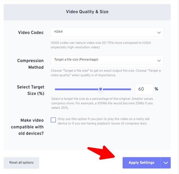 Video Compressor aplicar configuracoes