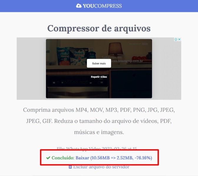 YouCompress baixar video compactado