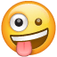Rosto sorridente com um olho grande e outro pequeno