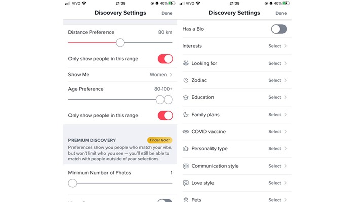 Search filters Tinder