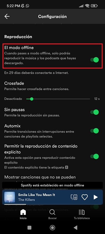 activar modo offline spotify
