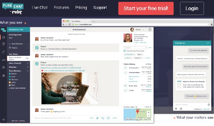 PureChat ferramentas de suporte ao cliente