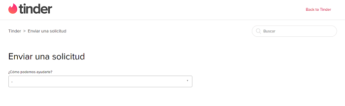 centro de ayuda solicitud a tinder