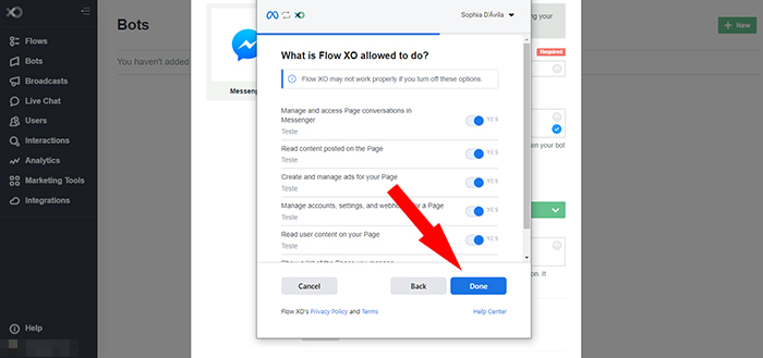 hit done on Flowxo to create a chatbot
