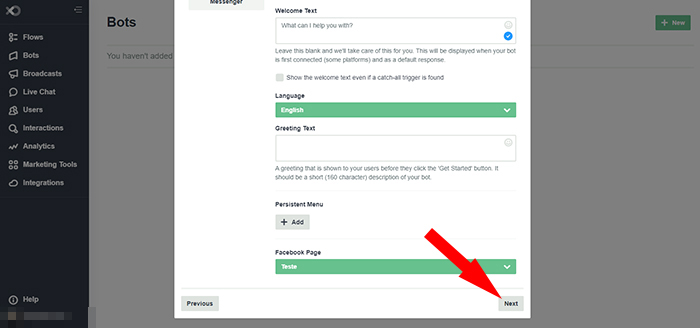 to finish, click Next on flow XO to create a chatbot