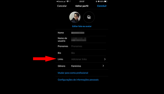 clique em adicionar links Como colocar link na bio do Instagram