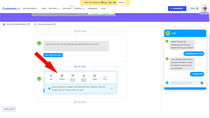choose options to create chatbot