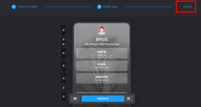 click publish Taplink 