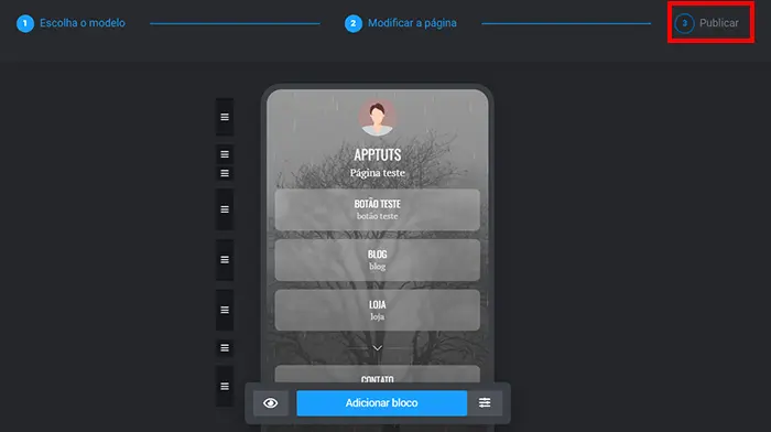 clique em publicar Taplink clique em publicar