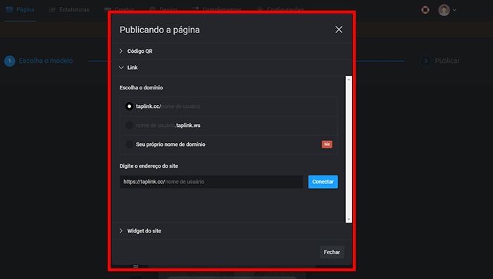 opções para publicar Taplink