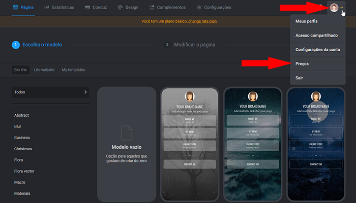 clique em preços Taplink