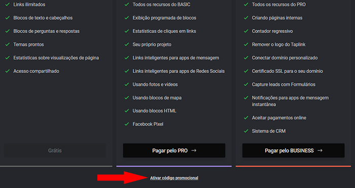 clique em ativar código Taplink