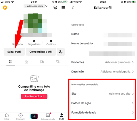 editar perfil adicionar site colocar link na bio do TikTok