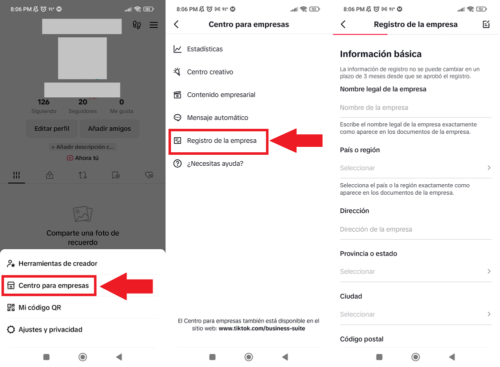 registro de empresa, cuenta de empresa tiktok